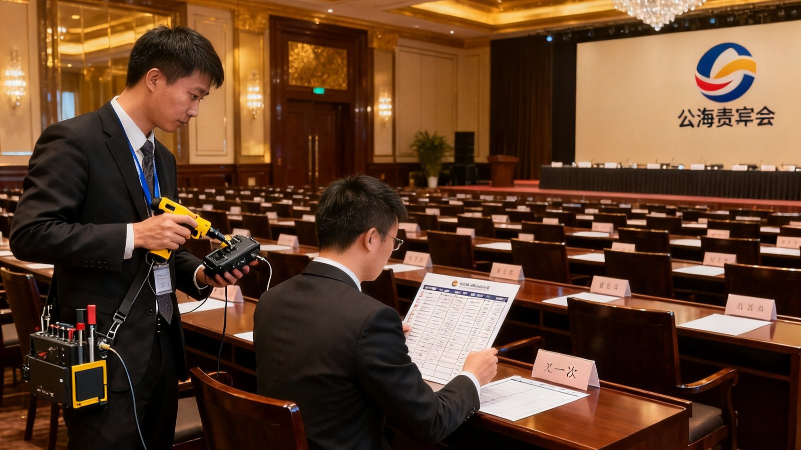 大型企业峰会贵宾厅内景，公海贵宾会团队正在进行最后的设备调试与座次确认，现场布置庄重典雅